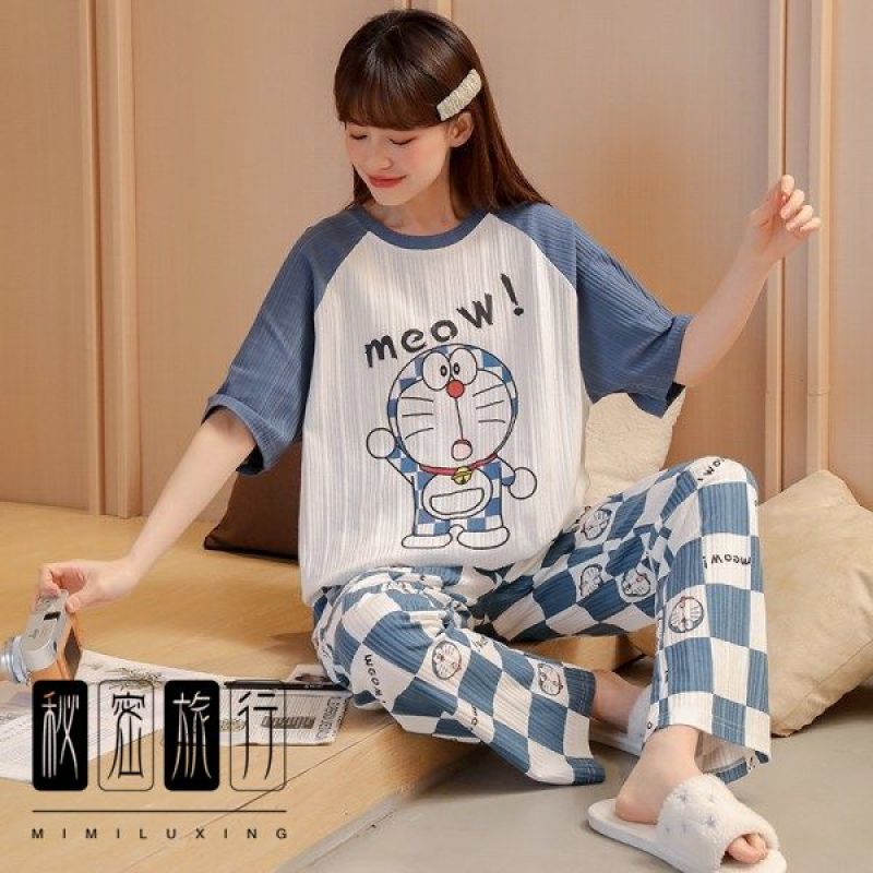Bộ đồ ngủ ngắn tay họa tiết Doraemon xinh xắn theo phong cách mùa hè dành cho nữ