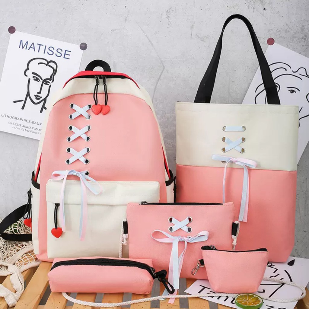 CẶP VẢI SET 4 MÓN,Set Balo 🍀FREESHIP🍀 4 Món Đi Học Vải Bố Thời Trang Teen THẮC NƠ Giá Rẻ Set Balo Nam Nữ 3 Màu