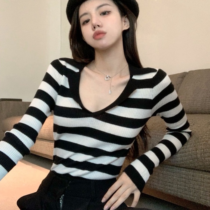 Áo kiểu ZHELIHANGFEI dệt kim tay dài cổ polo bẻ họa tiết kẻ sọc thời trang trẻ trung dành cho nữ