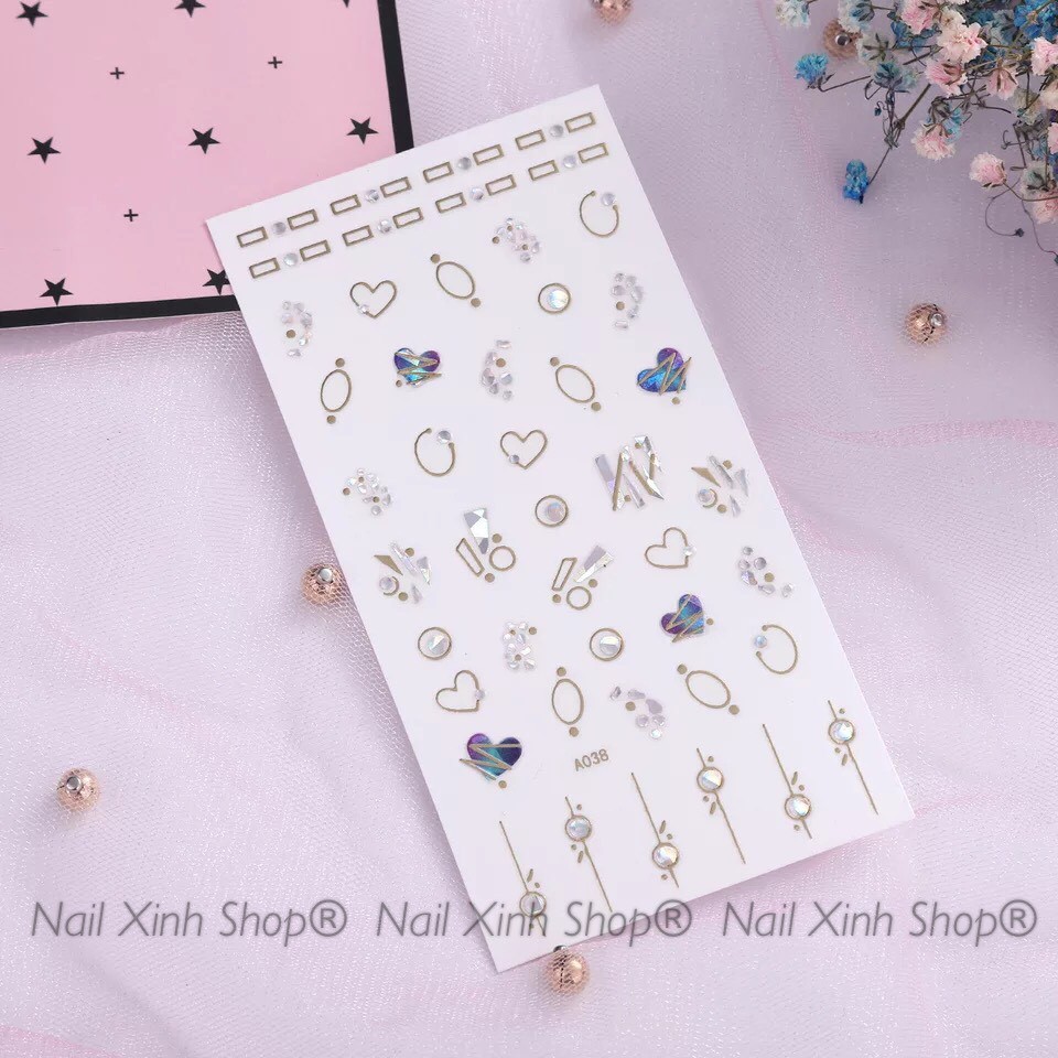 Nail sticker 3D, hoa văn, hình khối ánh xà cừ, trái tim, phụ kiện nail chuyên dụng