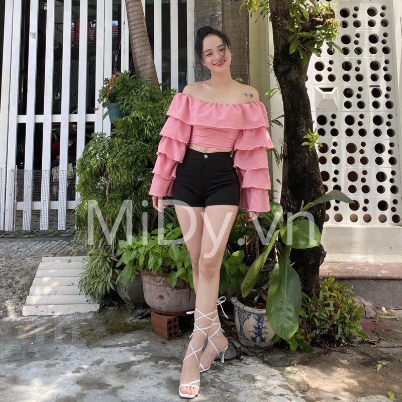 Áo croptop trễ vai tay tầng có mút ngực - MiDy.vn (hình tự chụp)