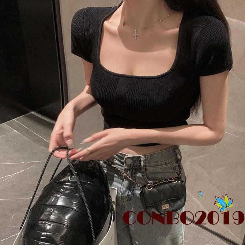 Áo Dệt Kim Ngắn Tay Cổ Vuông Màu Trơn Thời Trang Cho Nữ