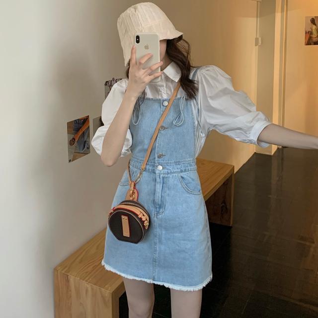 Áo sơ mi/đầm denim ôm sát vừa vặn phong cách Hồng Kong retro cho nữ