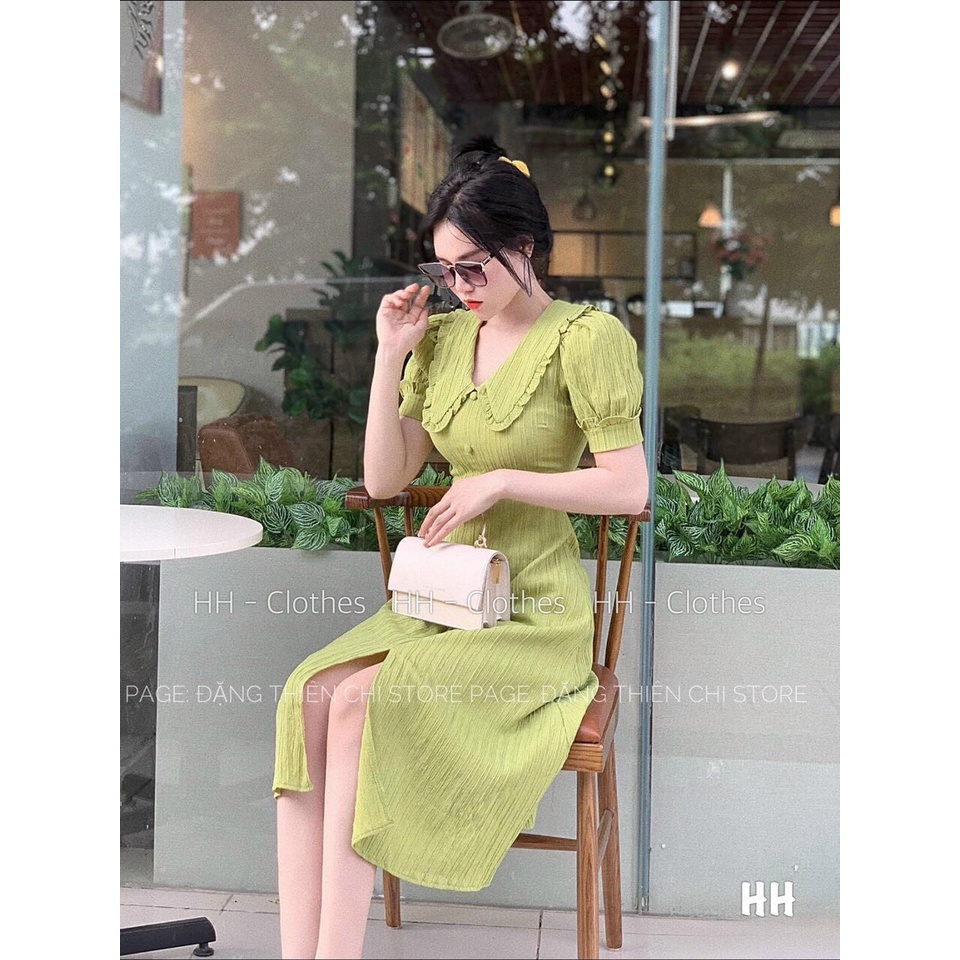 [8.8 Sales Freeship] Đầm tiểu thư cổ bèo tay búp xẻ tà, đầm maxi dáng dài phối nút cổ sen vintage xinh đẹp