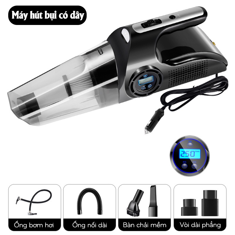 Máy hút bụi ô tô + bơm lốp cầm tay công suất cao 120W đa chức năng - Bơm/Hút/Đèn chiếu sáng/Đồng hồ đo áp suất - K1342
