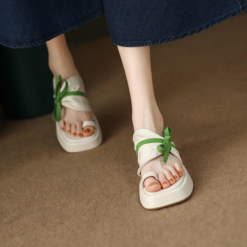 Dép Sandal Đế Dày Đính Nơ Phong Cách Retro Thời Trang
