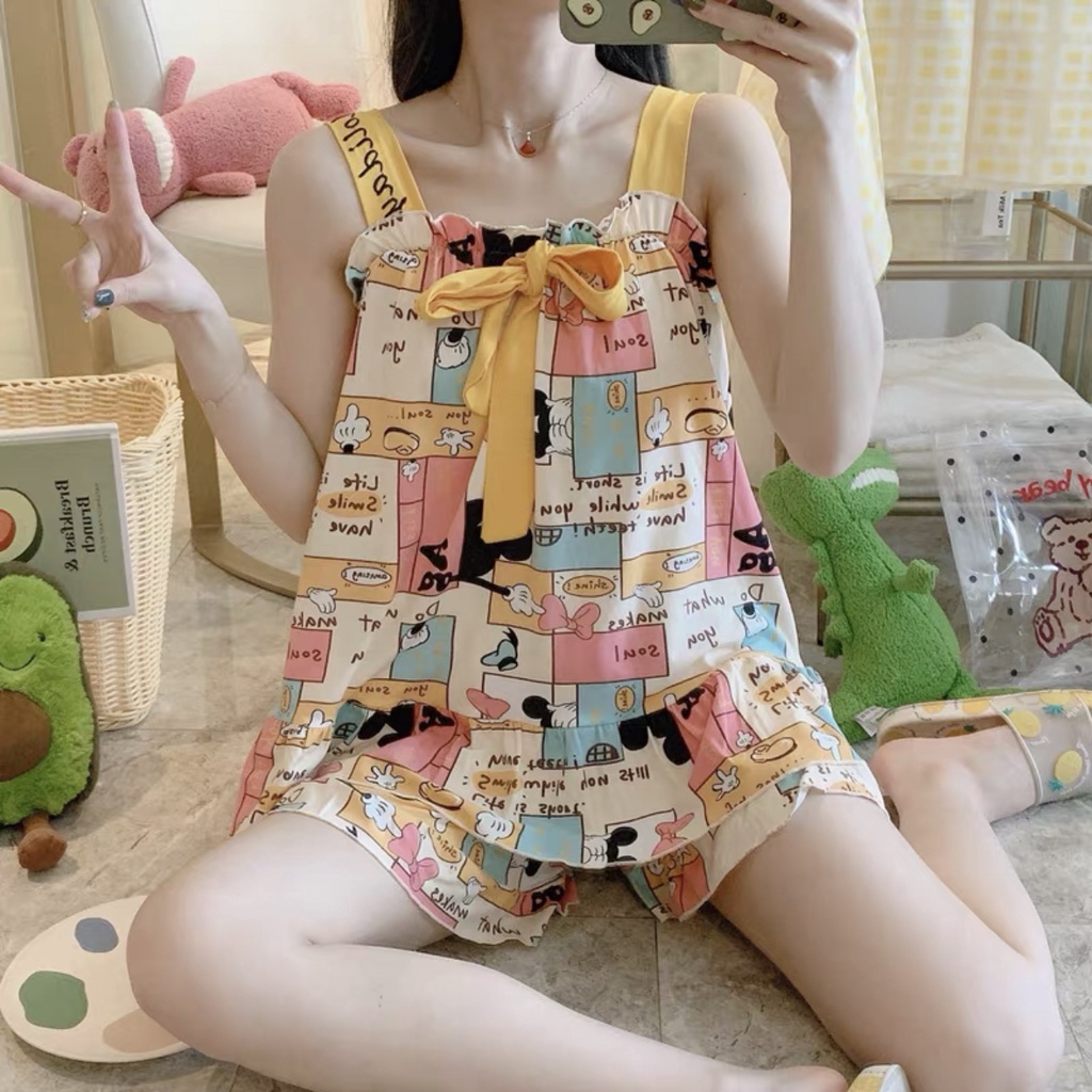Đồ bộ nữ -Đồ mặc nhà SALE Bộ đồ ngủ 2 dây đính nơ dễ thương bigsize thun mền mát, đồ ngủ nữ mặc nhà sau sinh