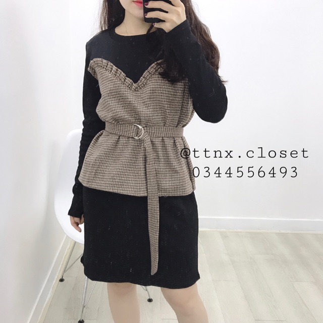SALE OFF Váy dạ kẻ thắt eo TTNX