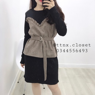 Sale off váy dạ kẻ thắt eo ttnx