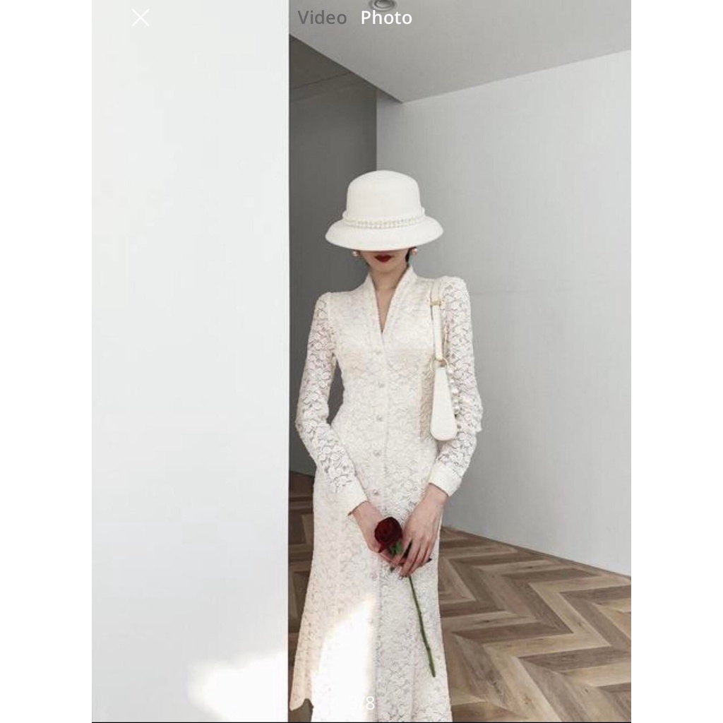 VÁY REN TRẮNG CỔ V CÚC NGỌC