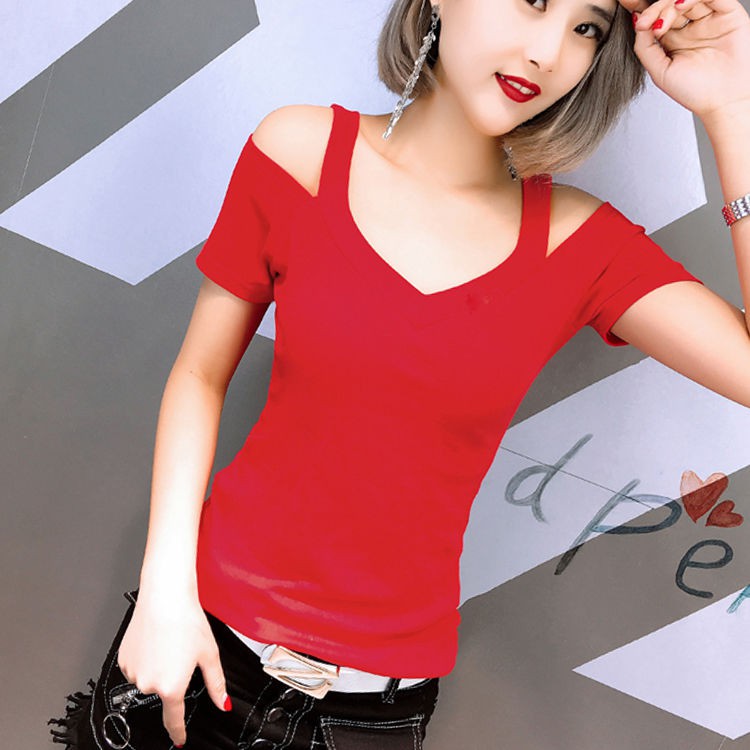 ❃❀◆cotton mùa hè mới thời trang cổ chữ v sexy quây quần bó sát người phụ nữ ngắn tay mỏng mảnh mai trong áo thun