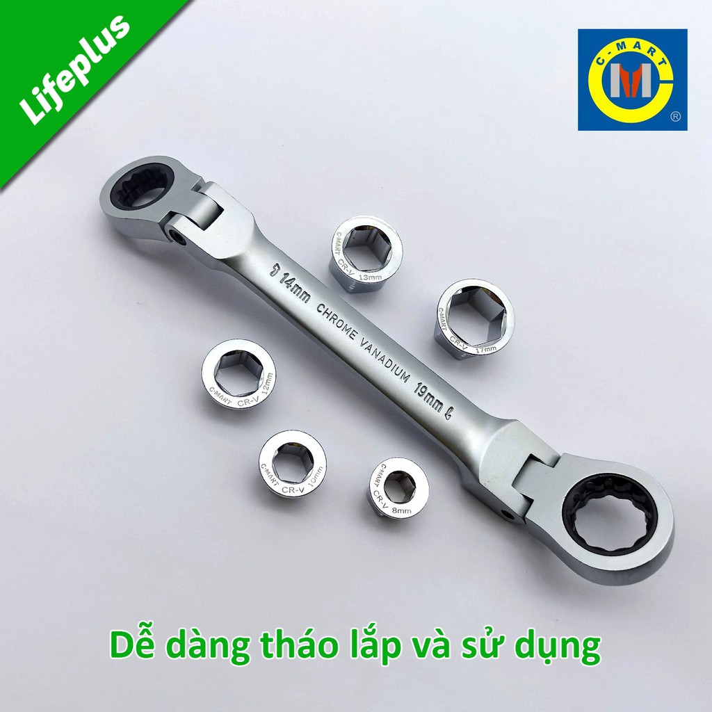 Bộ cờ lê lắc léo tự động 2 đầu vòng kèm 5 đầu lục giác rời C-mart T0011-B 8-19mm