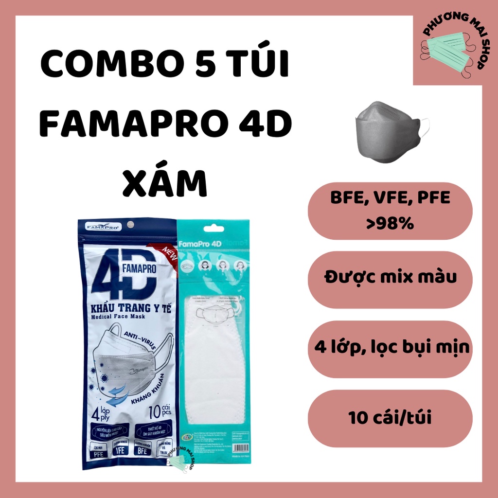 [COMBO 50 CÁI] Khẩu trang y tế cao cấp kháng khuẩn 4 lớp Famapro 4D