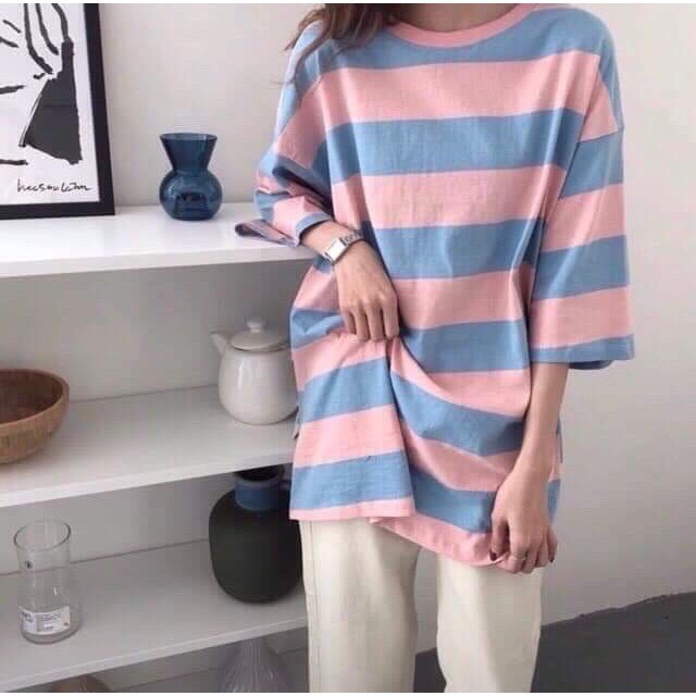 Áo Thun Tay Lỡ Unisex, Áo Phông Phối Sọc Kẻ Ngang Hồng Xanh Chất Thun Cotton Cao Cấp - A05