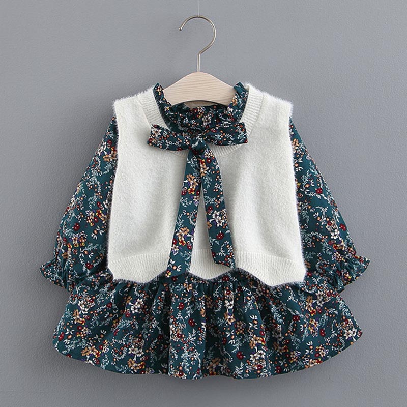 BEAR LEADER Bộ Áo Khoác Lông Chồn + Đầm Dài Tay Thời Trang Thu Đông Cho Bé Gái