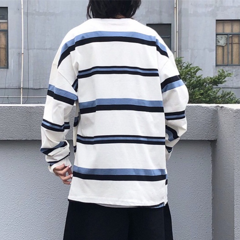 Áo thun cổ tròn tay dài họa tiết kẻ sọc thời trang dành cho nam