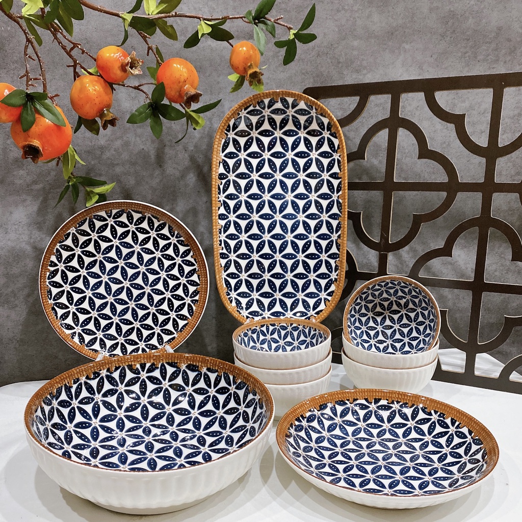 Set bát đĩa, bộ đồ ăn 10 món gốm sứ cao cấp họa tiết viền mây Nhật