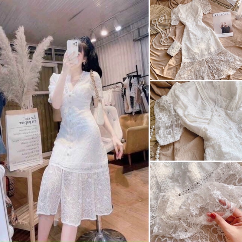 Đầm midi trắng ren hoa phối nút ngọc 🖤 KÈM VIDEO TỰ QUAY + HÌNH THẬT 🖤
