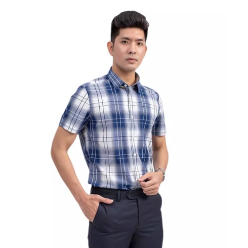 Áo sơ mi công sở nam tay ngắn Aristino màu xanh sọc caro trắng dáng slim fit vải sợi sồi cao cấp ASS004S9
