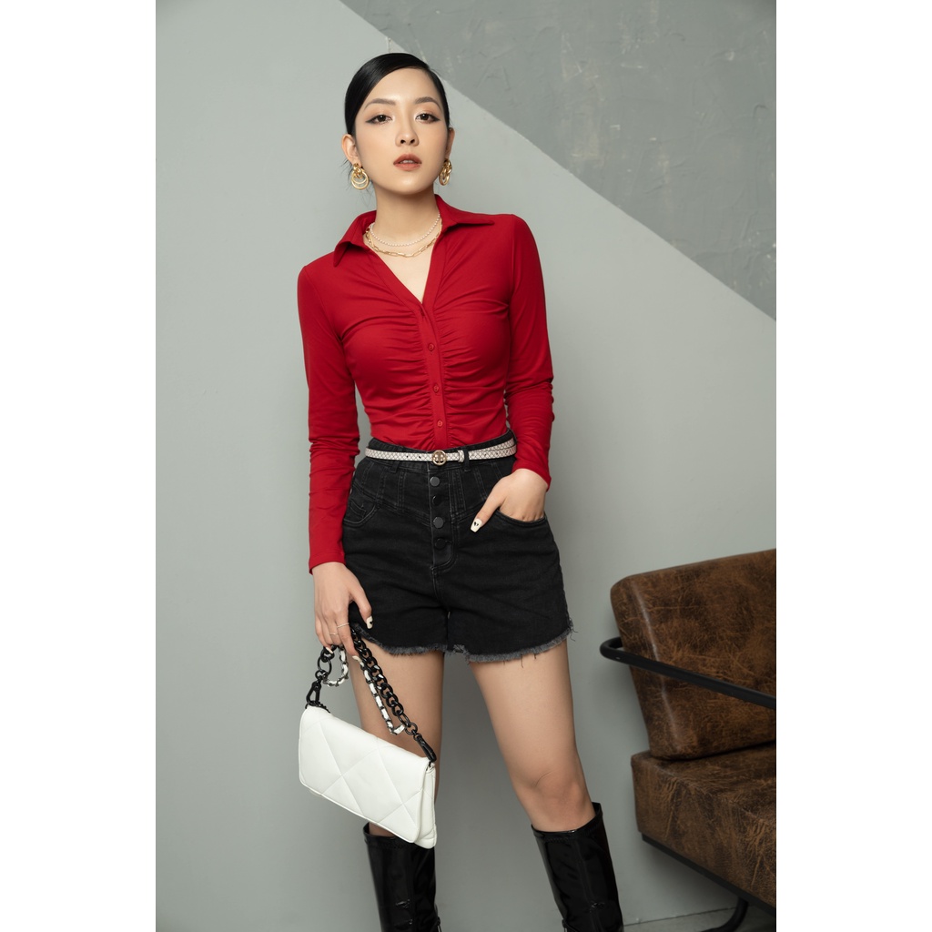 Áo thun MECIA AT016-01 Áo thun dài tay cổ đức nhún ngực