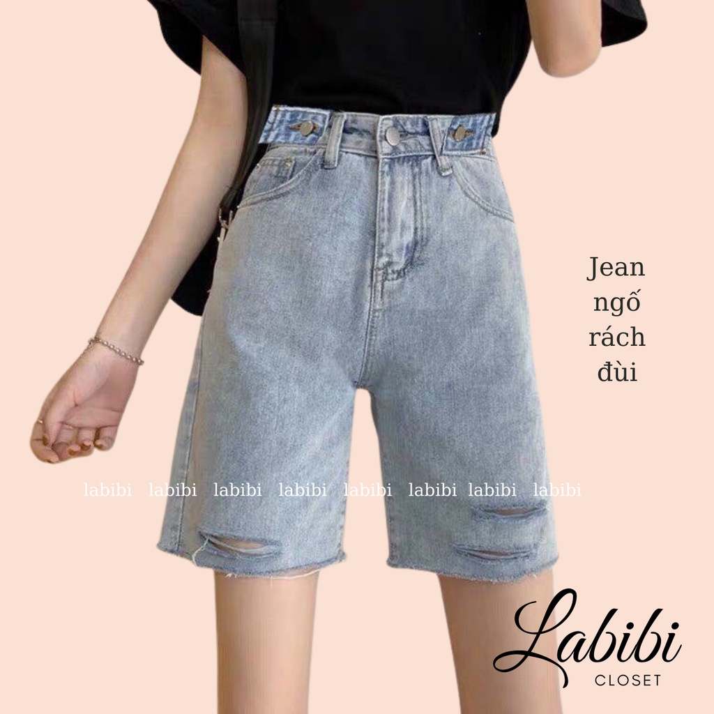 Quần Short Jeans Rách Đùi, Quần Ngố Jean Lửng Nữ Form Rộng Trơn Basic, Labibi