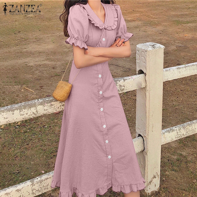 Đầm ZANZEA Tay Phồng Xếp Ly Cổ Áo Bẻ Xuống Nữ Tính | BigBuy360 - bigbuy360.vn