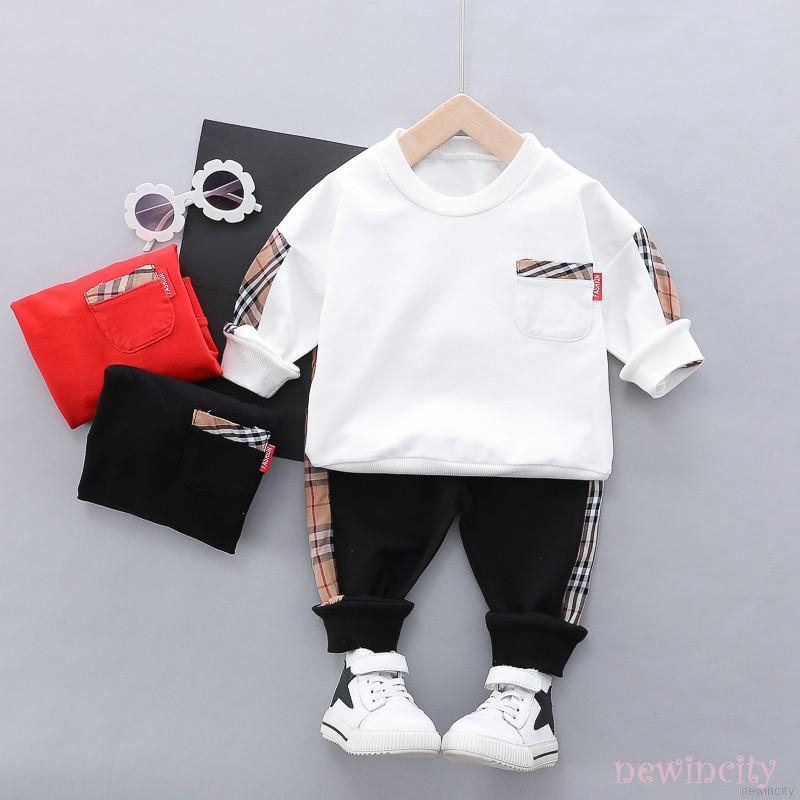 Set áo thun dài tay kẻ sọc ca rô + quần dài phong cách Hàn Quốc dành cho bé trai