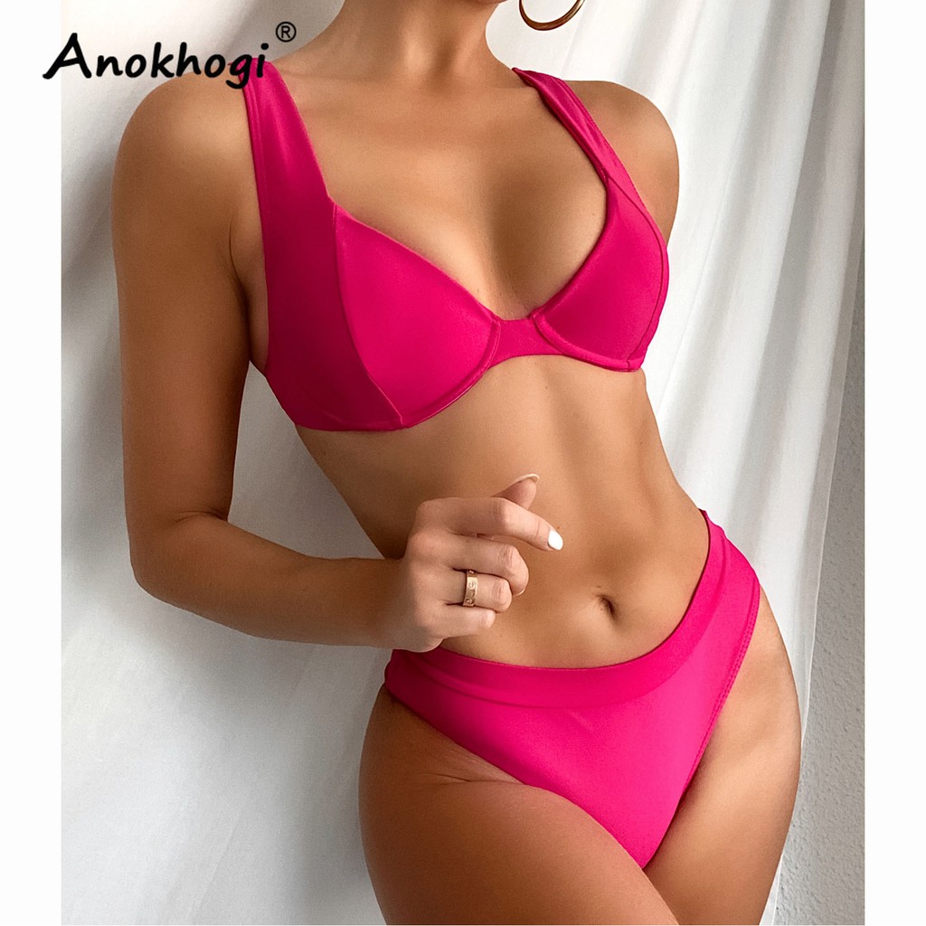 Bộ Bikini Cạp Cao Màu Hồng Có Đệm Nâng Ngực Cho Nữ Lg25