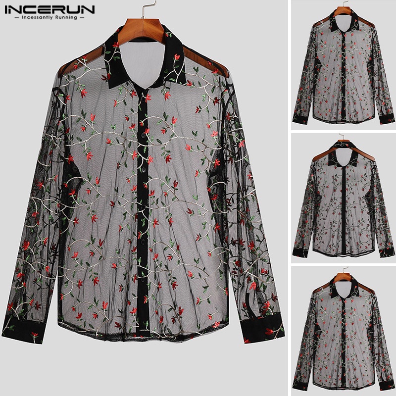 INCERUN Áo Lưới Hoa Dài Tay Xuyên Thấu Thời Trang Đi Biển Dành Cho Nam