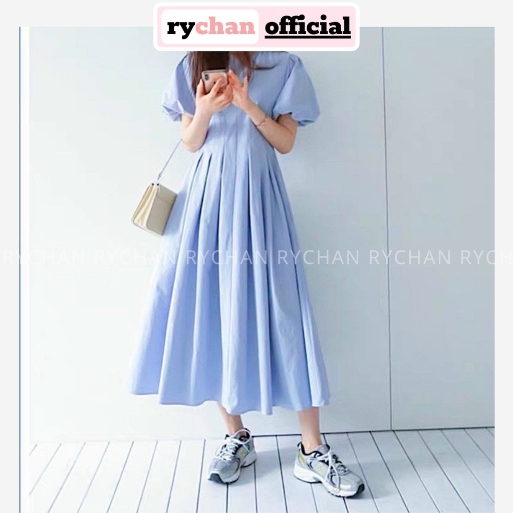 Đầm Xòe Midi Trơn Tay Phồng Chít Eo 5 Màu [Ảnh Thật Cuối] - DX0036