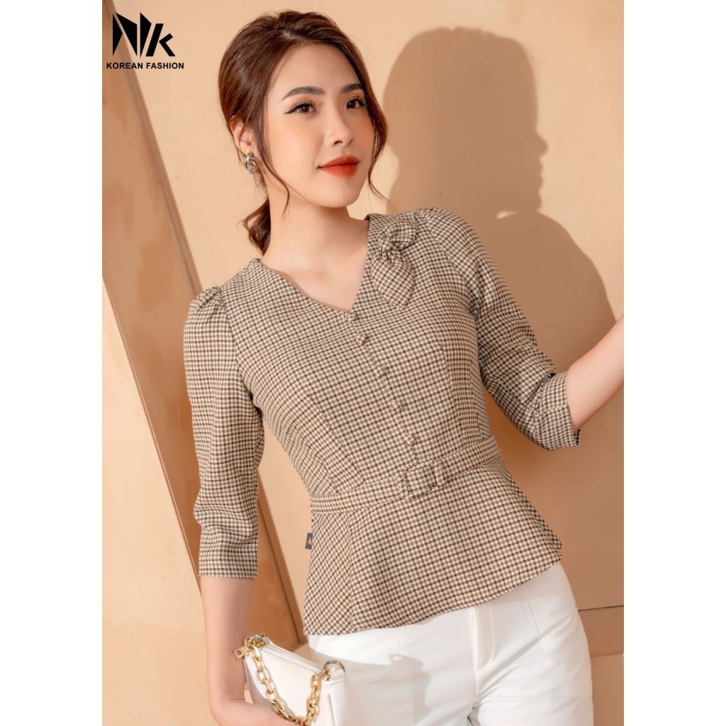 Áo Sơ Mi Nữ Công Sở Tay Lỡ NK Fashion Thiết Kế Cổ V Kẻ Sọc Với Đai Eo Diệu Đà, Chất Liệu Vải Nhập Hàn NKFSM2109001