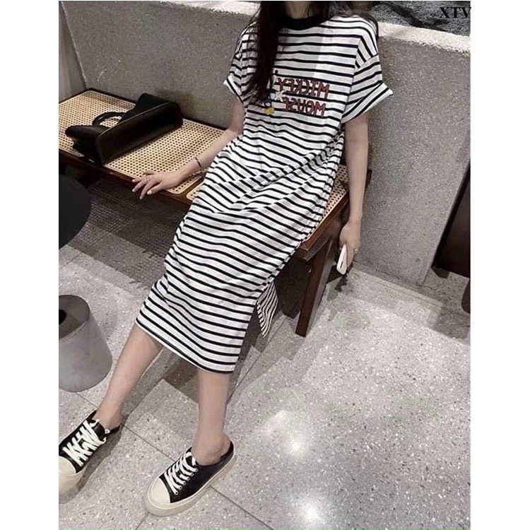 Váy Nữ Họa Tiết Kẻ Ngang Chất Cotton Suông In Hoạ Tiết Mickey Đầm Dáng Dài Thoáng Mát | BigBuy360 - bigbuy360.vn