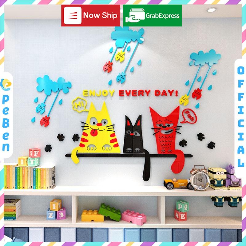 Tranh dán tường mica 3d decor khổ lớn mèo lười trong ngày mưa trang trí mầm non, phòng cho bé Nhiều Size - EPeBen