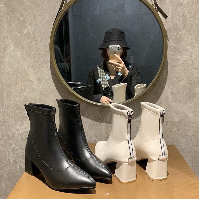 Bốt nữ lửng cổ, gót cao 6 phân mũi nhọn có khoá kéo sau gót