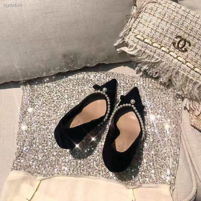 Giày cao gót mũi nhọn đính ngọc trai giả sang trọng cho nữ
