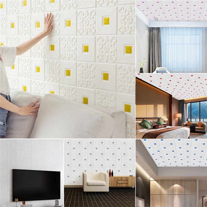 Xốp dán tường 3D giả da đính nhũ kim tuyến lấp lánh đẹp mắt kt 35x35cm Miếng dán tường sẵn keo