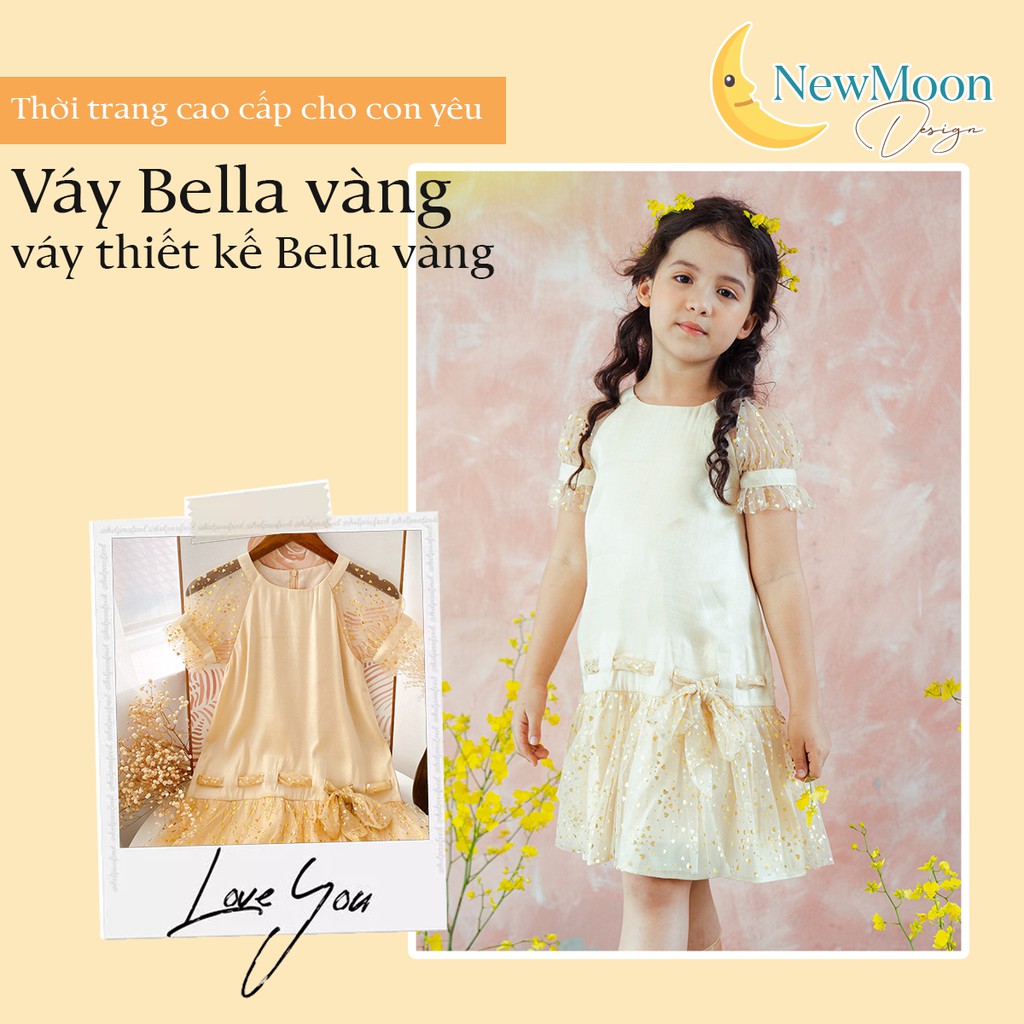 Váy công chúa Bella vàng, chất liệu vải lụa ánh kim bắt mắt