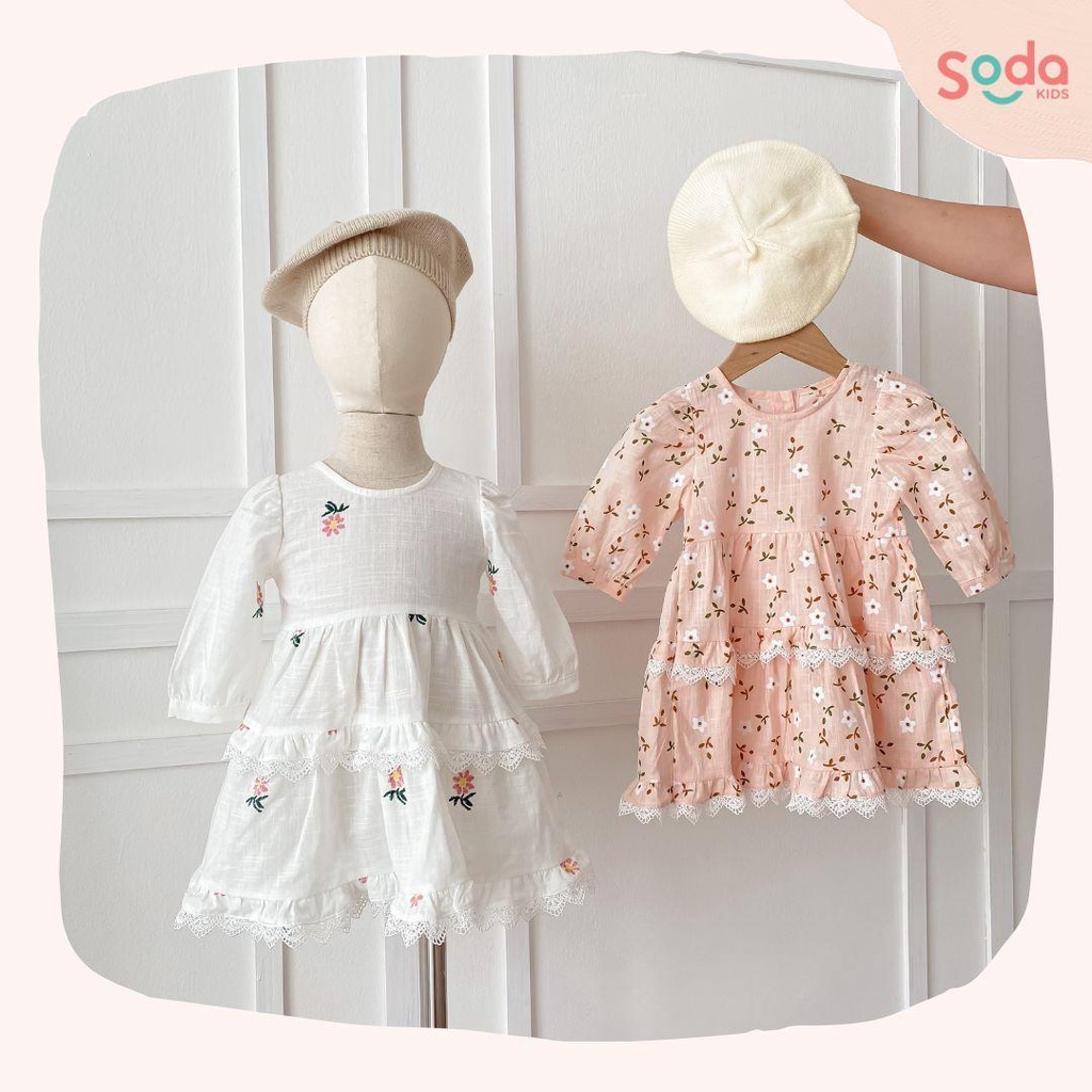 Váy bé gái ROSÉ DRESS SODA KIDS thiết kế tay bồng, phối ren, chất liệu linen Hàn, họa tiết hoa dễ thương