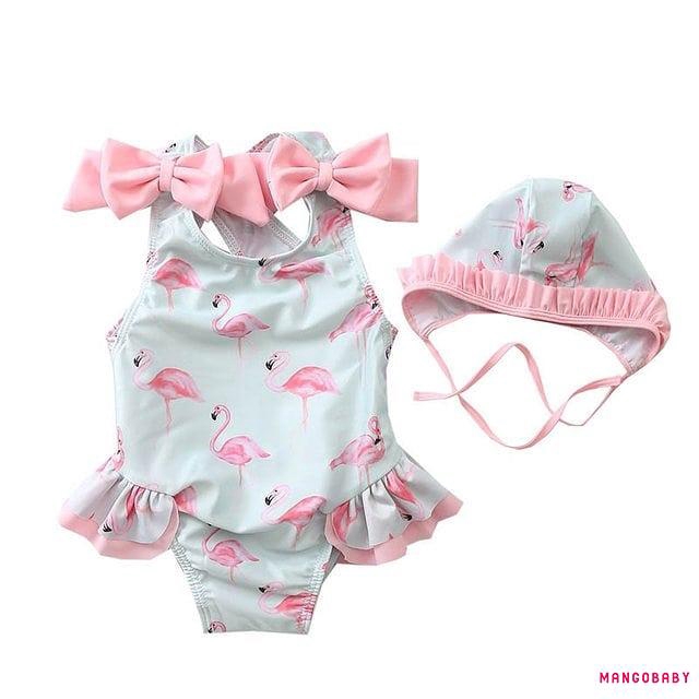 ♬MG♪-Toddler Baby Kid Girl Flamingo Swimwear Swimsuit Beach Romper Clothes Hat Outfit