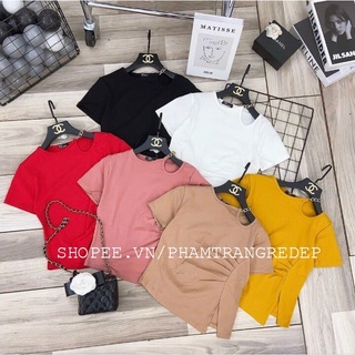 Áo thun kiểu khoét vai ngực dây xích tà chéo ,áo phông vạt chéo rúm sườn chất thun co dãn mềm mịn