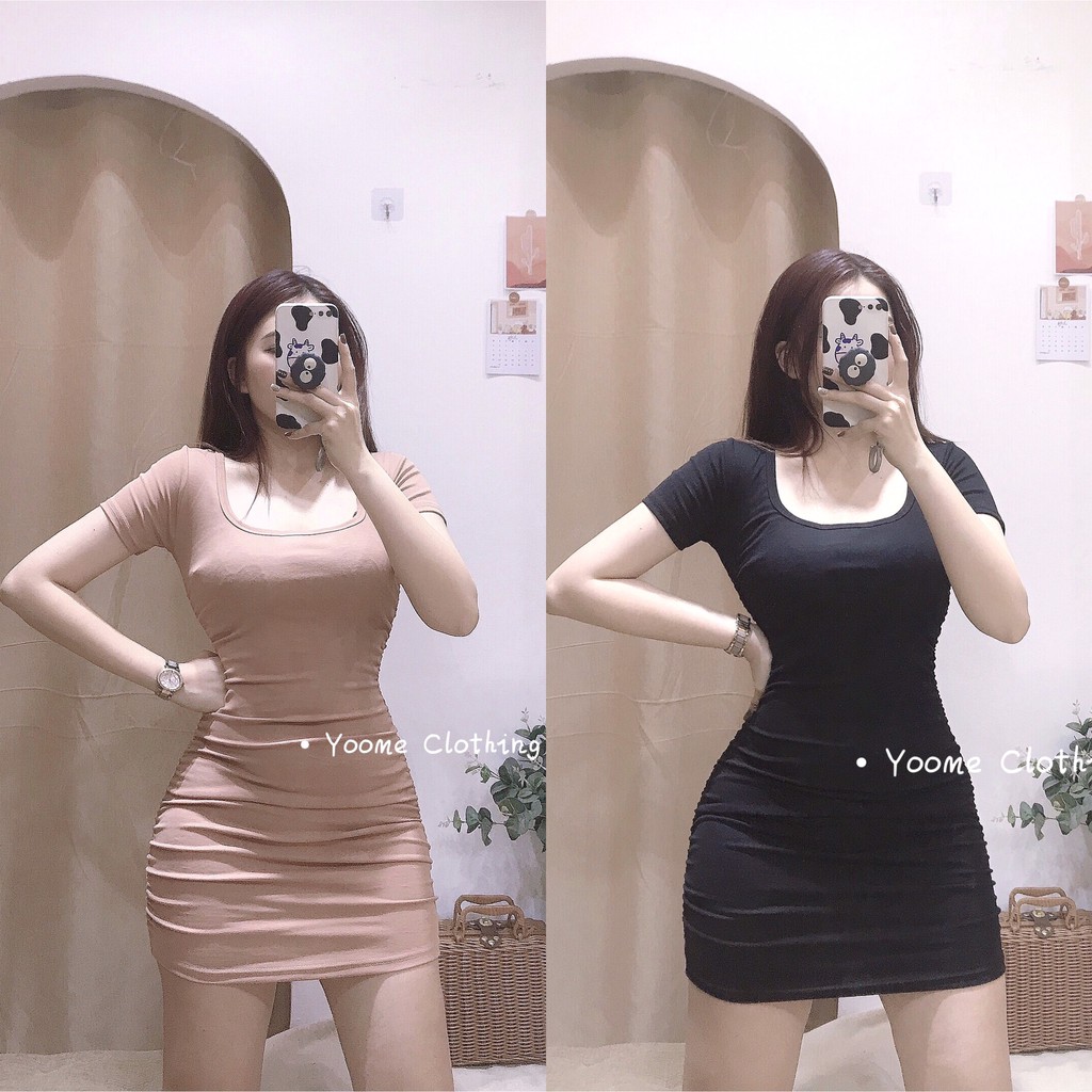 [Mã SKAMSALEP6 giảm 10% tối đa 100K đơn 150K] Váy Body cổ vuông nhún TAY CỘC [ ẢNH THẬT SHOP CHỤP ] | BigBuy360 - bigbuy360.vn