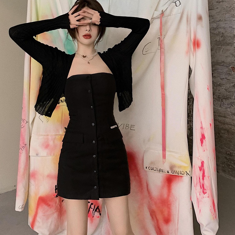 IELGY Đầm Ống Mỏng Không Tay Một Hàng Nút Thời Trang Sành Điệu Cho Nữ