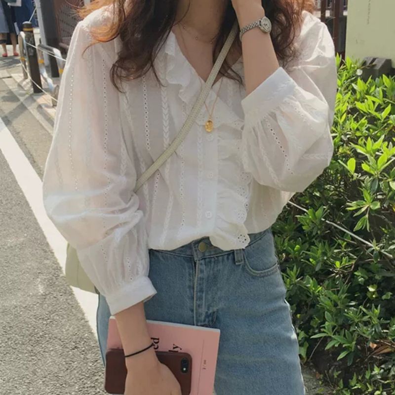 áo sơ mi cổ v bèo lệch vintage ảnh thật
