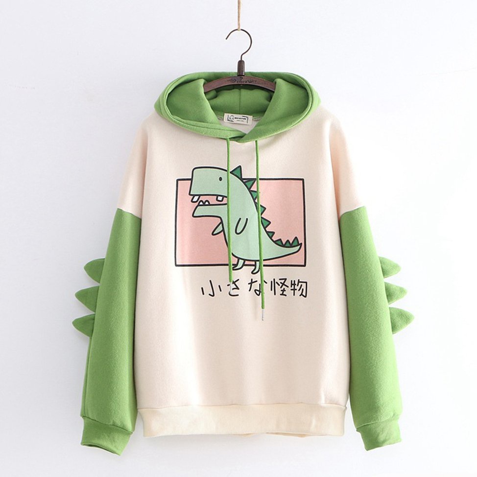 Áo hoodie tay dài in hình khủng long màu sắc tương phản thời trang mùa đông
