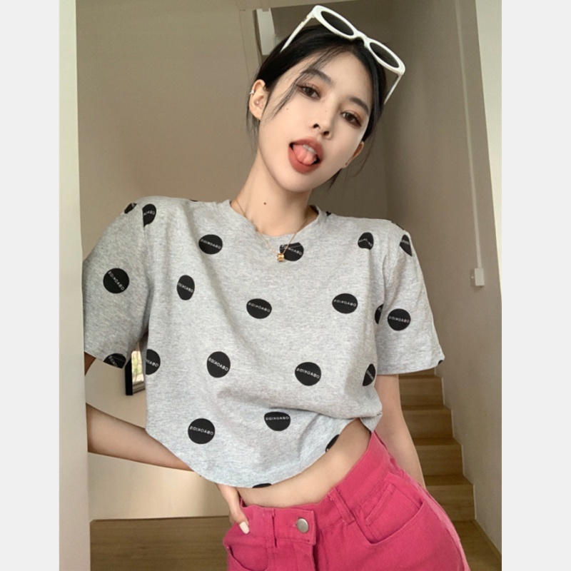 Áo Thun Tay Ngắn Hở Rốn Dáng Rộng Họa Tiết Chấm Bi Thời Trang Cho Nữ