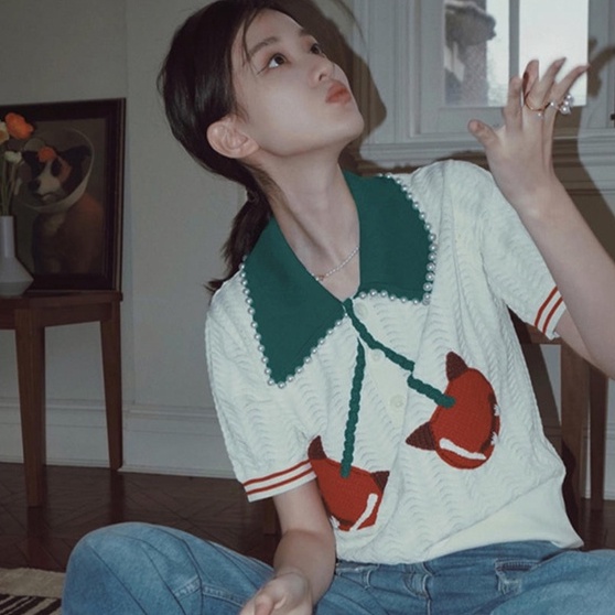 Áo thun ZHELIHANGFEI polo dệt kim thêu họa tiết ác quỷ / cherry phối màu sắc ngọc trai xinh xắn