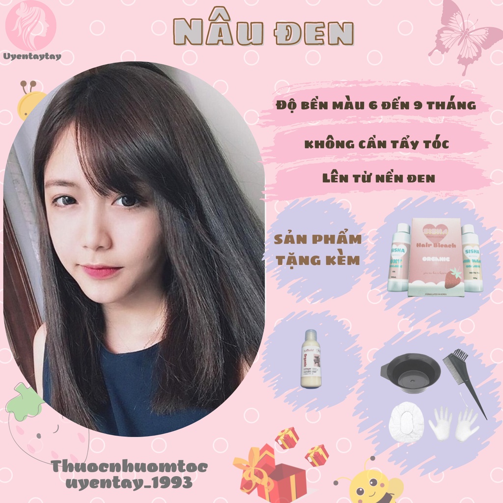 Thuốc nhuộm tóc nam nữ MÀU NÂU ĐEN nhuộm tại nhà, KHÔNG CẦN TẨY tặng kèm oxy trợ nhuộm và bộ 7 món hỗ trợ nhuộm