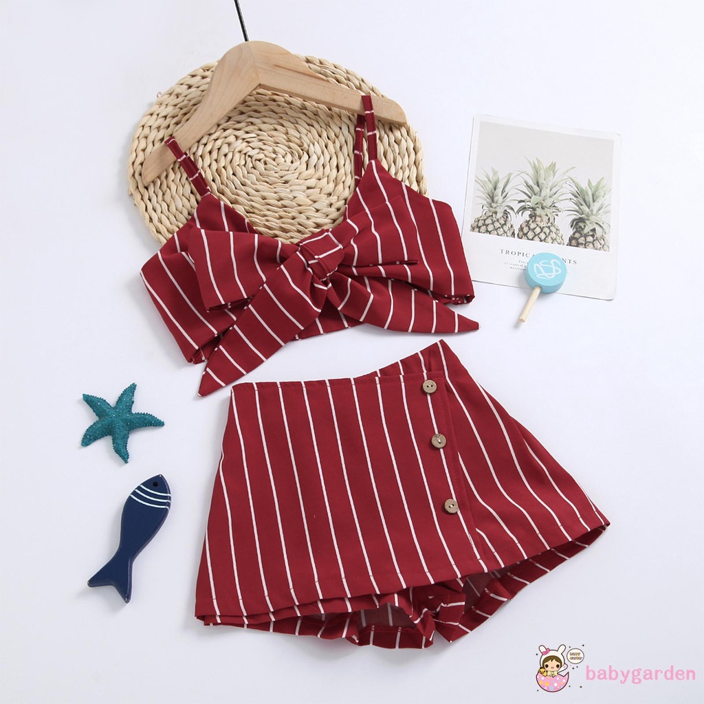 Set áo croptop không tay cổ vuông + quần ngắn họa tiết kẻ sọc cho bé gái từ 1 tới 7 tuổi