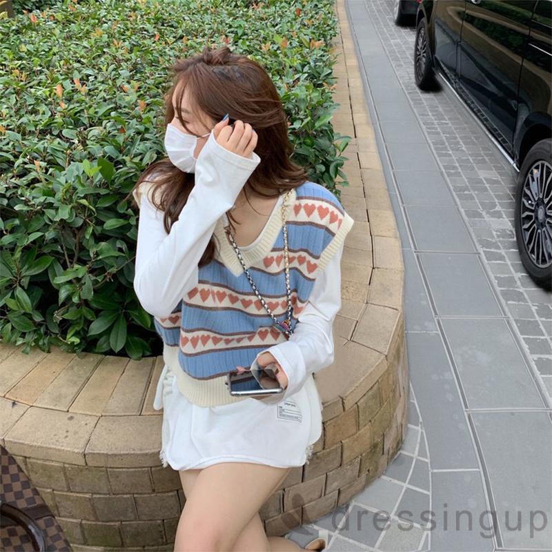 Đầm Dệt Kim Sát Nách Cổ Chữ V Dáng Rộng In Họa Tiết Trái Tim Xinh Xắn Cho Nữ