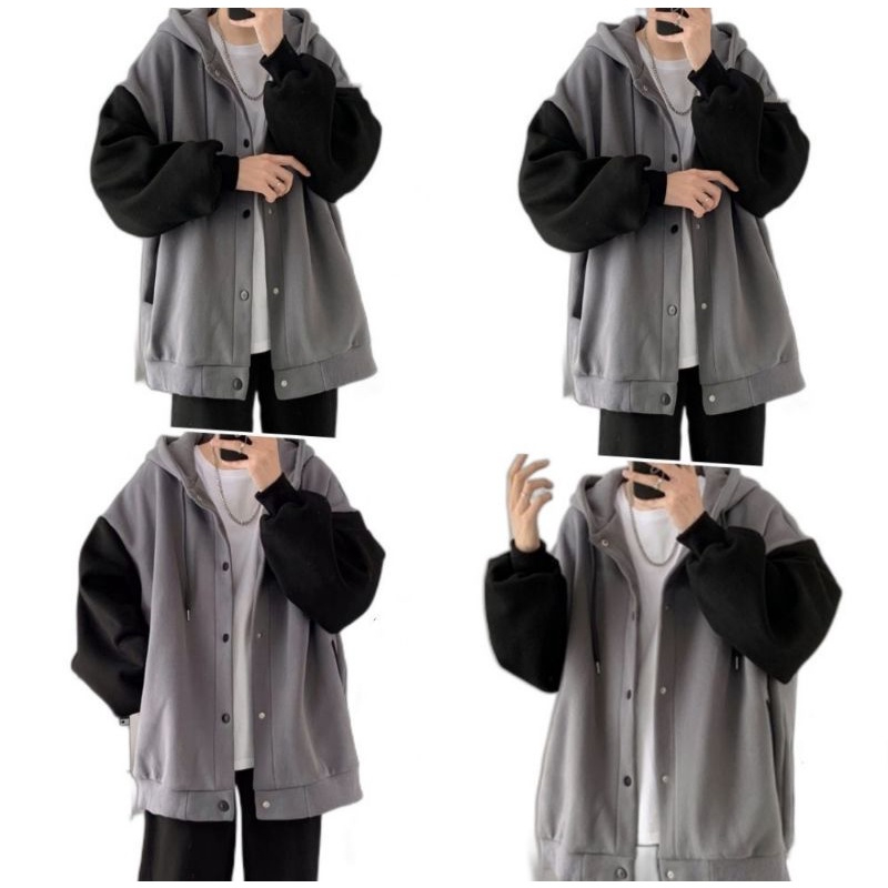 Áo Khoác Hoodie Nút Bấm Phối Tay Hai Màu Sành Điệu Thời Trang - Super Fashion P